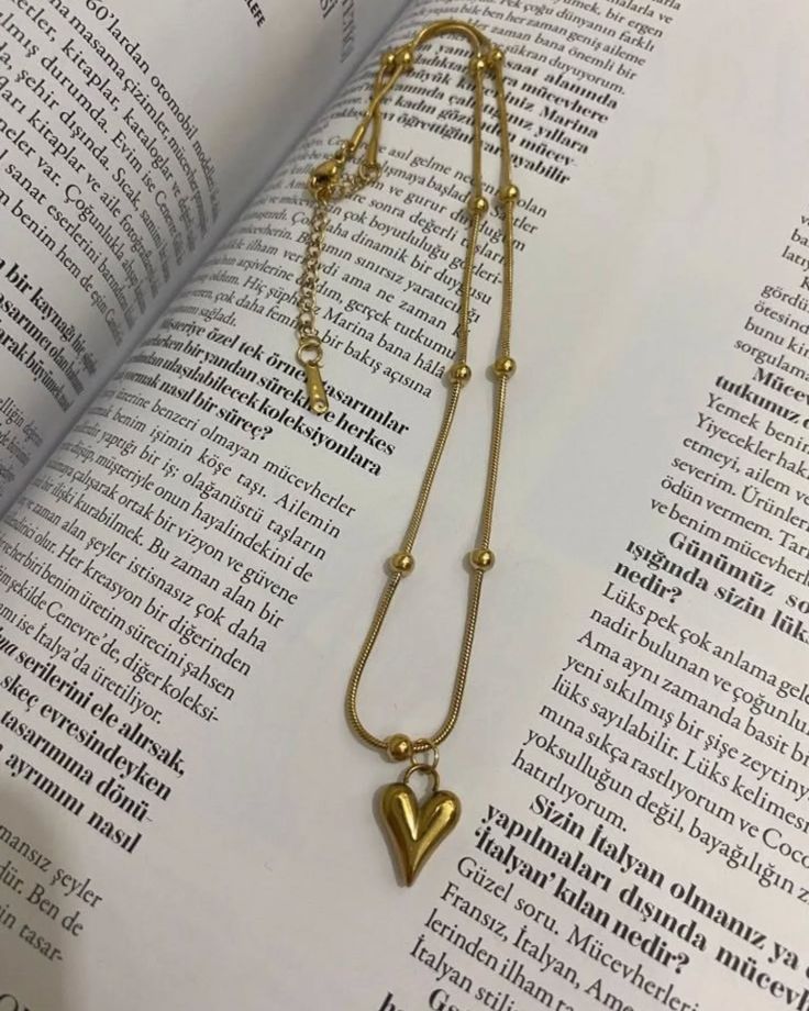 Gold Heart Pendant Necklace – Adjustable Stainless Steel Beaded Snake Chain