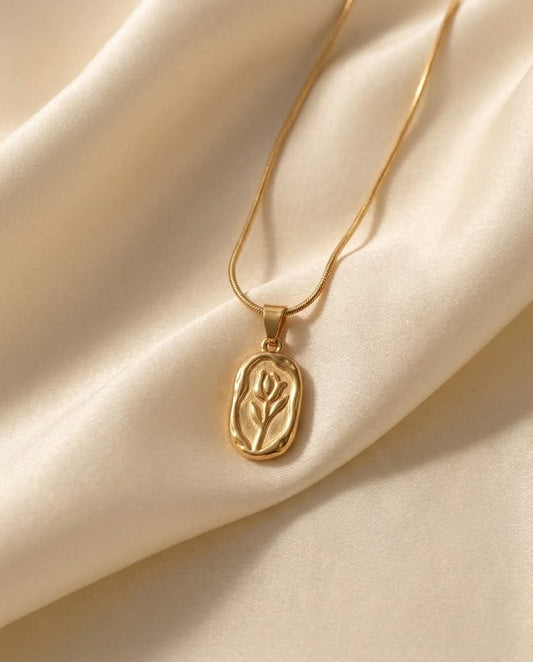 Gold Rose Pendant Necklace – Engraved Oval Charm
