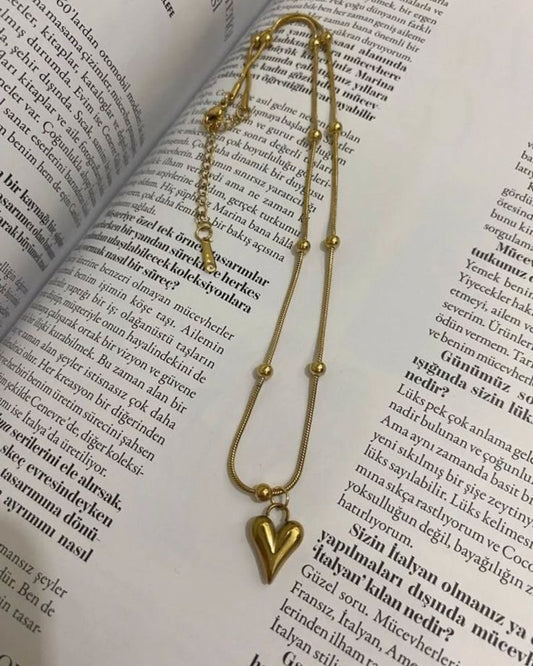 Gold Heart Pendant Necklace – Adjustable Stainless Steel Beaded Snake Chain