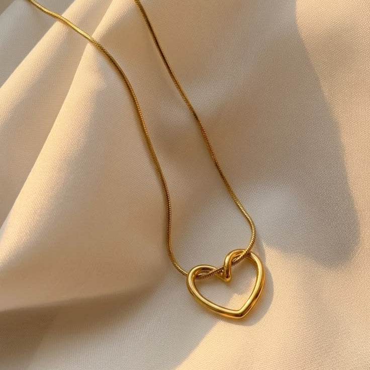 Gold Open Heart Necklace – Stainless Steel Snake Chain Pendant for Women