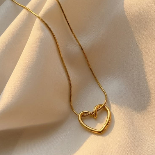 Gold Open Heart Necklace – Stainless Steel Snake Chain Pendant for Women