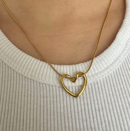 Gold Open Heart Necklace – Stainless Steel Snake Chain Pendant for Women