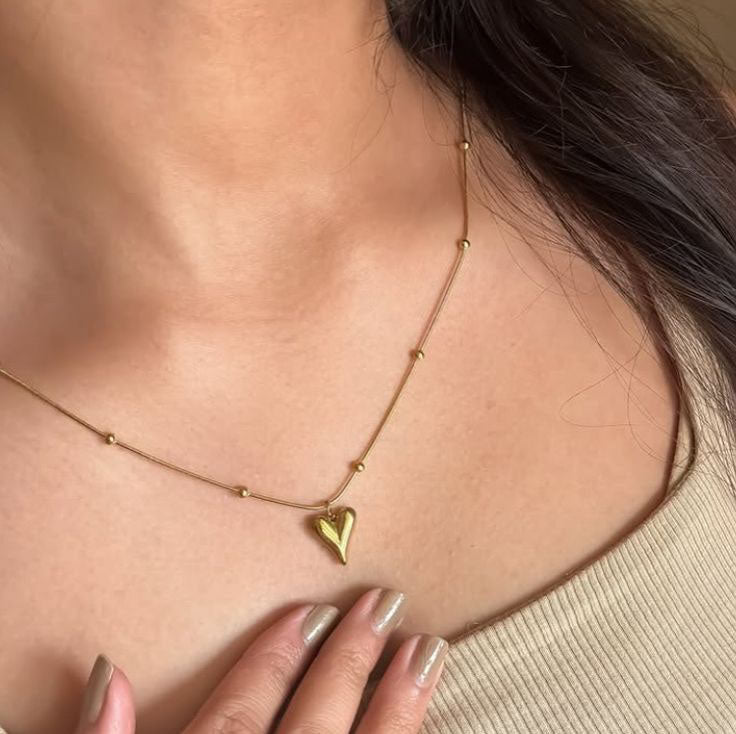 Gold Heart Pendant Necklace – Adjustable Stainless Steel Beaded Snake Chain