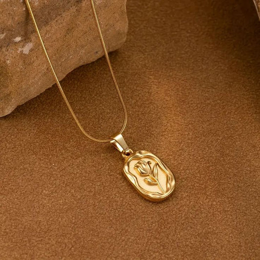 Gold Rose Pendant Necklace – Engraved Oval Charm