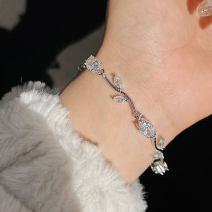 Gold Vine Leaf Bracelet – Stainless Steel Crystal Tulip Bracelet with Toggle Clasp